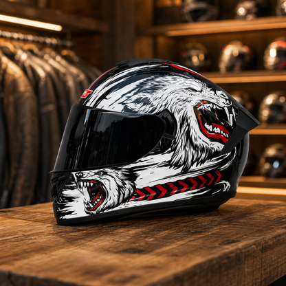REBELRUST Phantom Overdrive Motorcycle Full Face Helmet - Predator Wolf, Black Lens