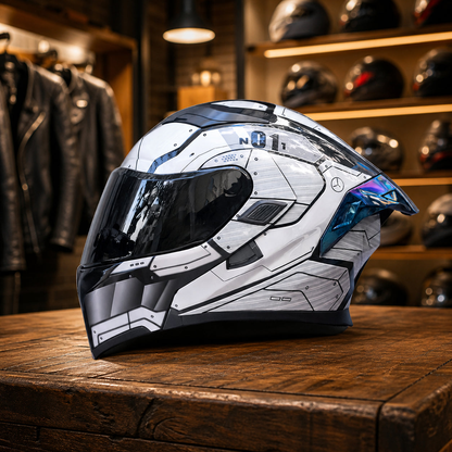 REBELRUST Full Face Dual Visor Helmet - White Grey Black Lens colorway