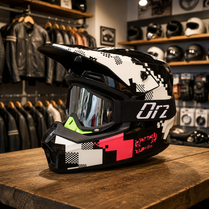 REBELRUST Full Face Off-Road Motocross Helmet - Black White Red Pixel, Silver Lens