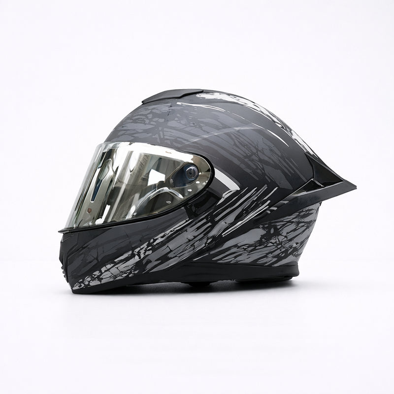 REBELRUST Pro Big Tail Full Face Helmet - Grey Slash Silver Lens colorway