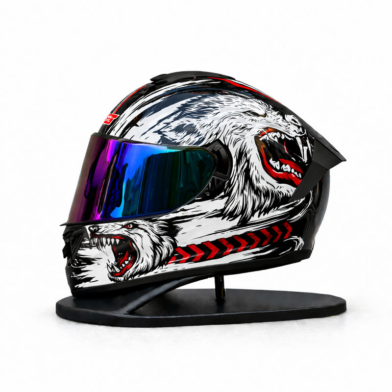 REBELRUST Phantom Overdrive Motorcycle Full Face Helmet - Predator Wolf, Blue Purple Iridium Lens