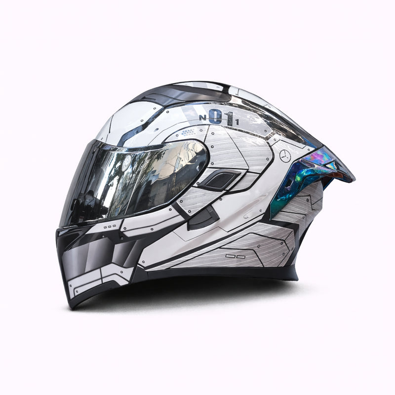 REBELRUST Full Face Dual Visor Helmet - White Grey Silver Lens colorway