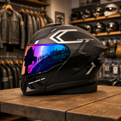 REBELRUST Shadow Pro Motorcycle Full Face Helmet - Shadow Racer, Blue Iridium Lens