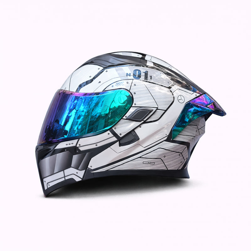 REBELRUST Full Face Dual Visor Helmet - White Grey Blue Lens colorway