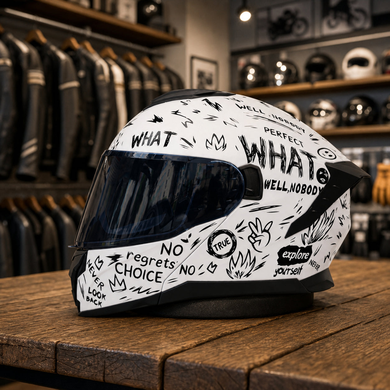REBELRUST Shadow Pro Motorcycle Full Face Helmet - Graffiti White, Black Lens
