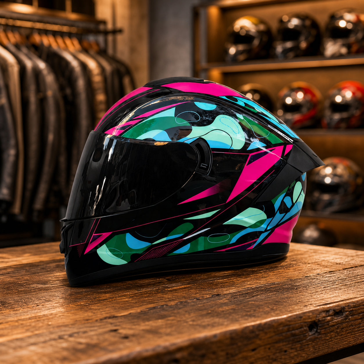 REBELRUST Phantom Overdrive Motorcycle Full Face Helmet - Black Pink Teal, Black Lens