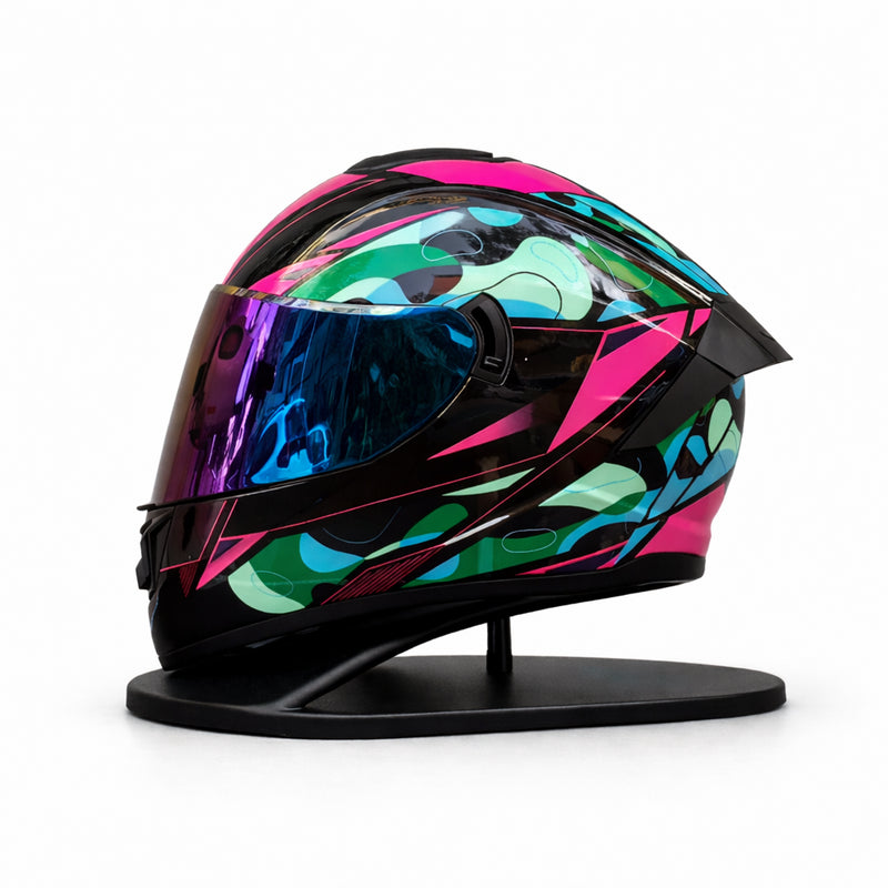 REBELRUST Phantom Overdrive Motorcycle Full Face Helmet - Black Pink Teal, Blue Purple Iridium Lens