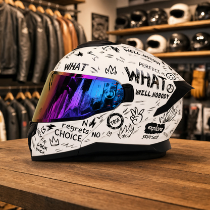 REBELRUST Shadow Pro Motorcycle Full Face Helmet - Graffiti White, Blue Iridium Lens