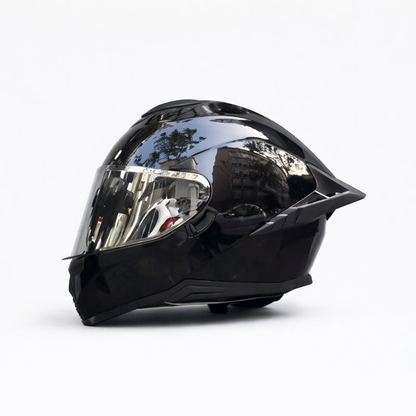 REBELRUST Pro Big Tail Full Face Helmet - Glossy Black Silver Lens colorway
