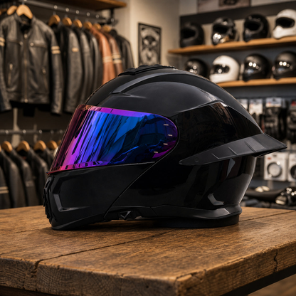 REBELRUST StrikeForce Full Face Motorcycle Helmet - Glossy Black (Purple Lens)
