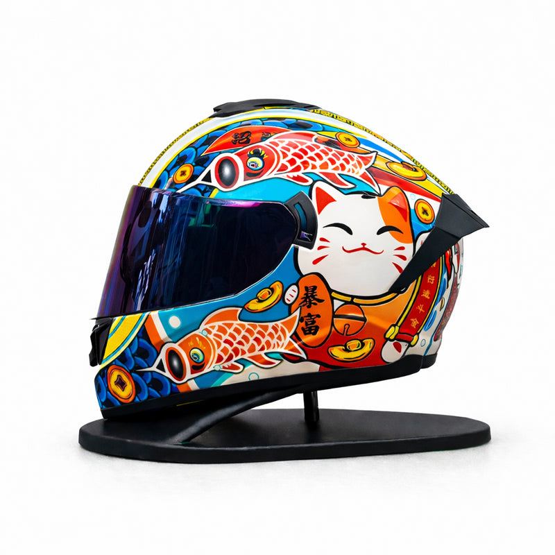 REBELRUST Phantom Overdrive Motorcycle Full Face Helmet - Fortune Bringer, Blue Purple Iridium Lens