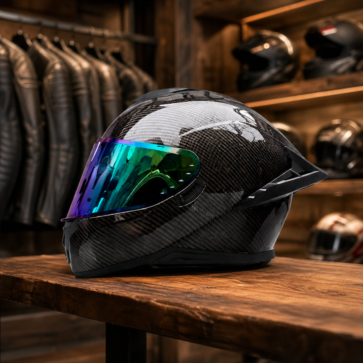 REBELRUST Pro Big Tail Full Face Helmet - Carbon Iridescent Lens colorway