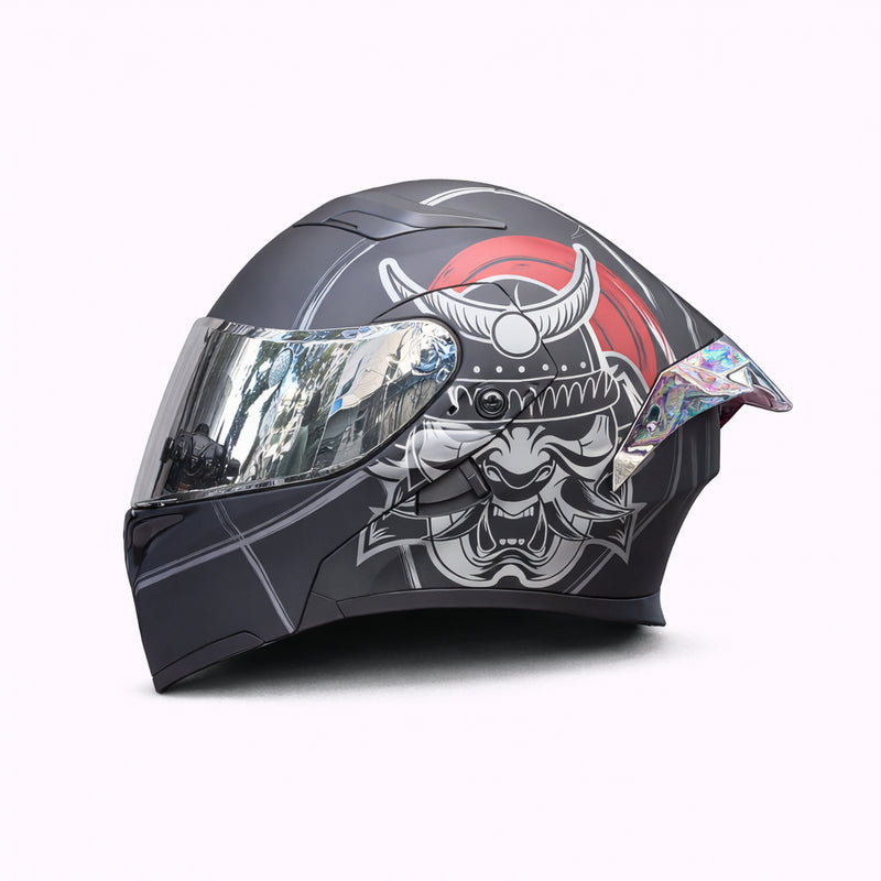 REBELRUST Full Face Dual Visor Helmet - Matte Black Patterned Silver Lens colorway