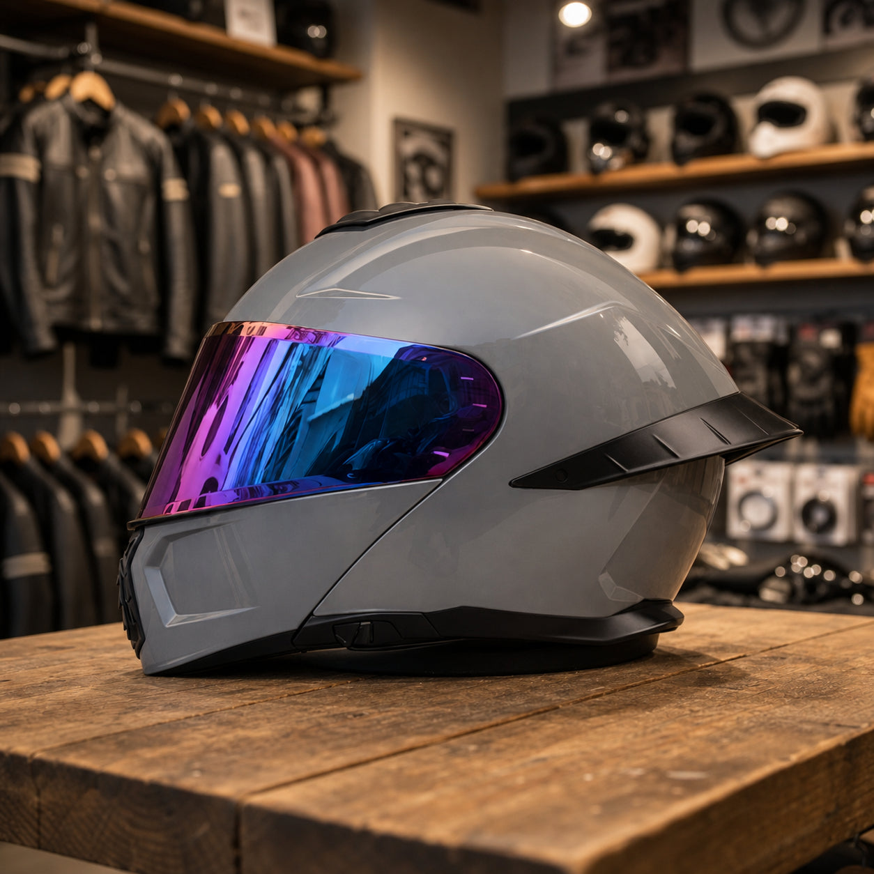 REBELRUST StrikeForce Full Face Motorcycle Helmet - Glossy Grey (Purple Lens)