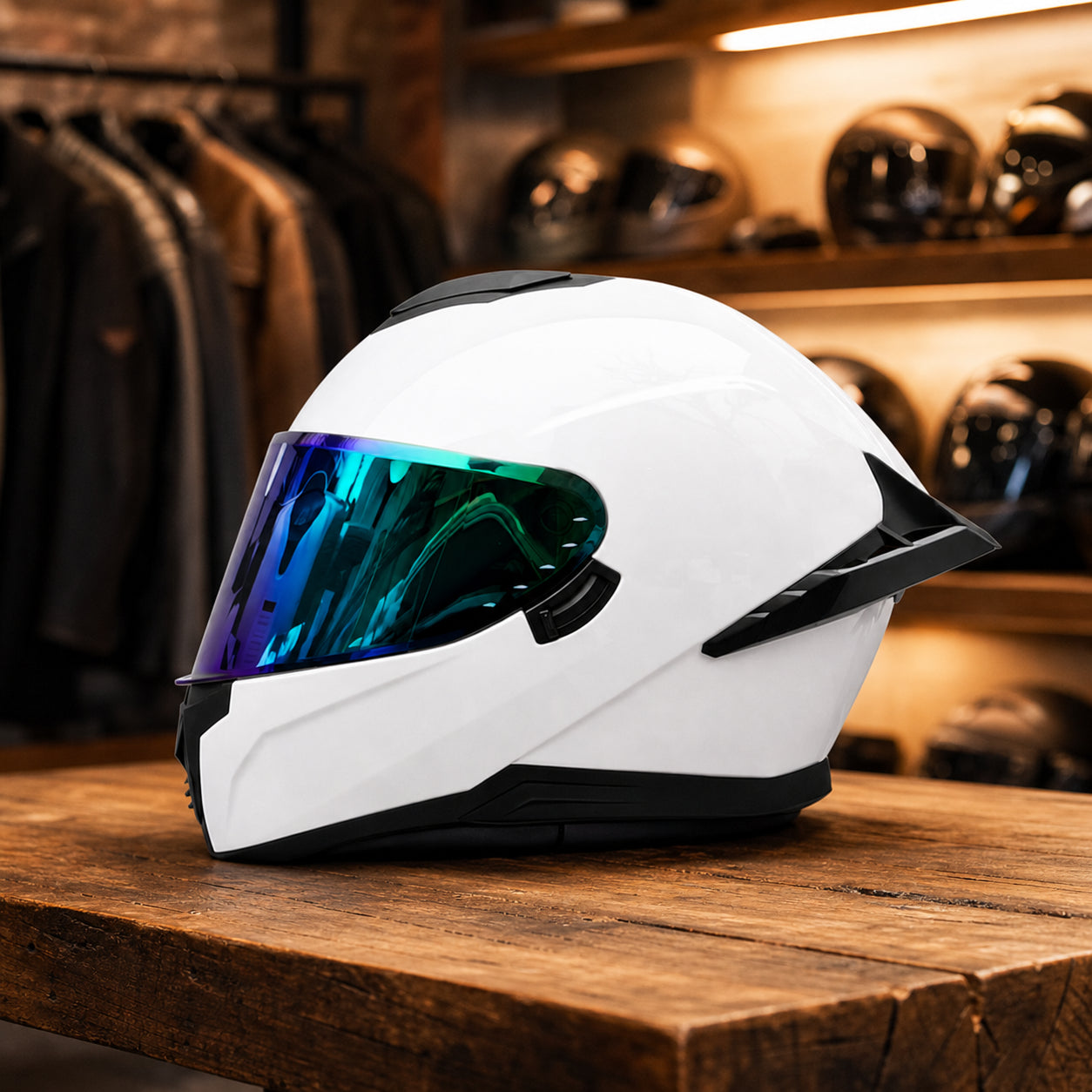 REBELRUST Pro Big Tail Full Face Helmet - White Iridescent Lens colorway