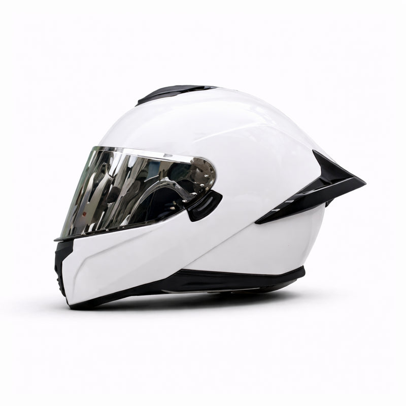 REBELRUST Pro Big Tail Full Face Helmet - White Silver Lens colorway