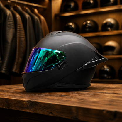 REBELRUST Pro Big Tail Full Face Helmet - Matte Black Iridescent Lens colorway