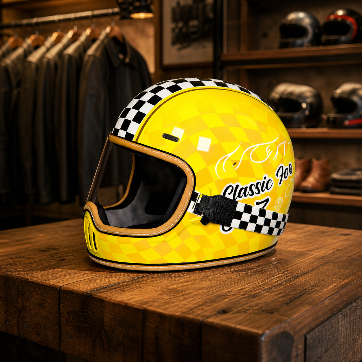 REBELRUST Retro Full-Face Helmet - Yellow Caro with Transparent Goggles