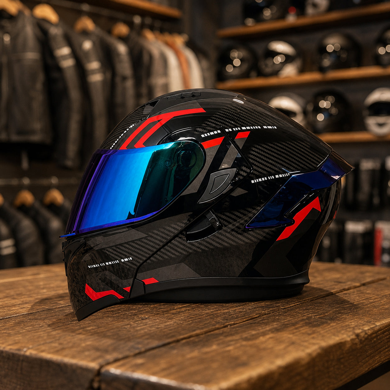 REBELRUST Vortex Carbon Full Face Helmet - Black Red Warrior Blue Lens colorway