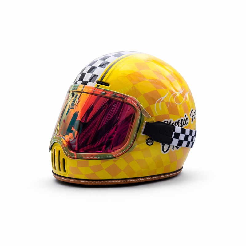 REBELRUST Retro Full-Face Helmet - Yellow Caro with Orange Goggles