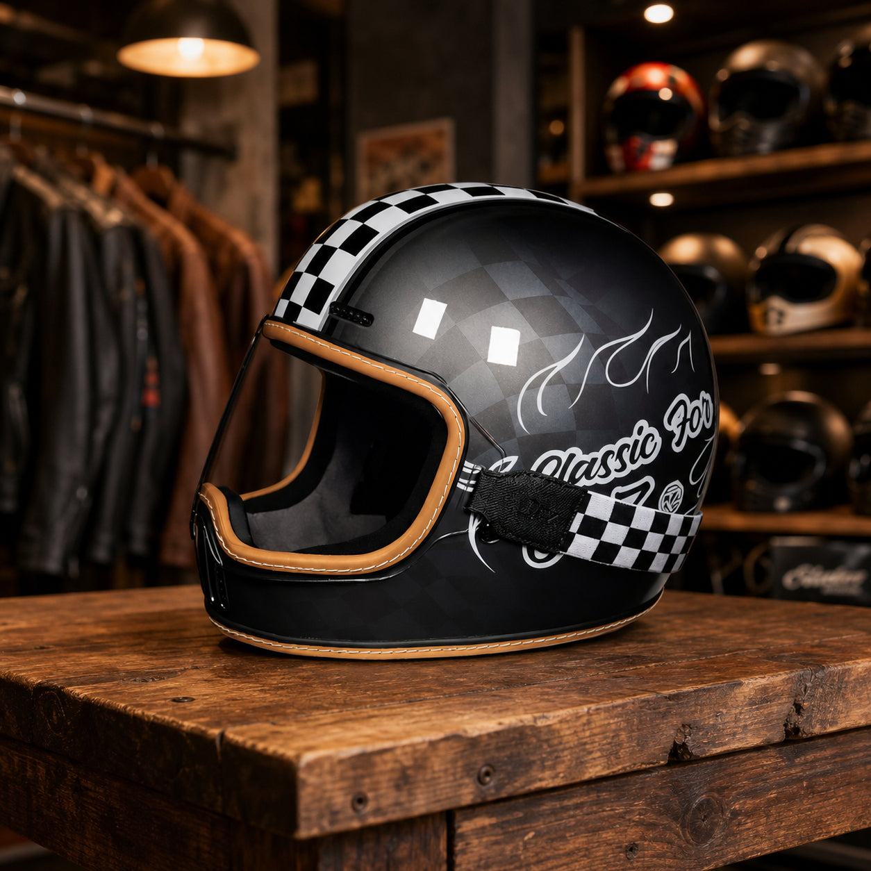 REBELRUST Retro Full-Face Helmet - Grey Caro with Transparent Goggles