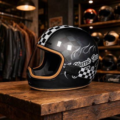 REBELRUST Retro Full-Face Helmet - Grey Caro with Transparent Goggles