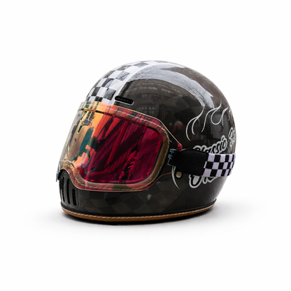 REBELRUST Retro Full-Face Helmet - Grey Caro with Orange Goggles