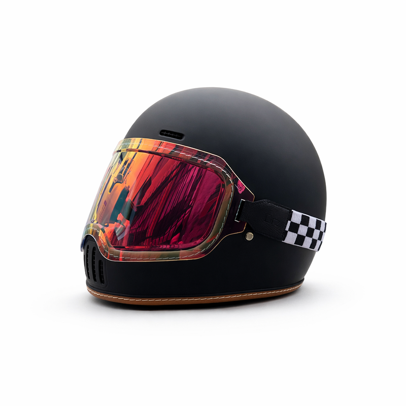 REBELRUST Retro Full-Face Helmet - Matte Black with Orange Goggles