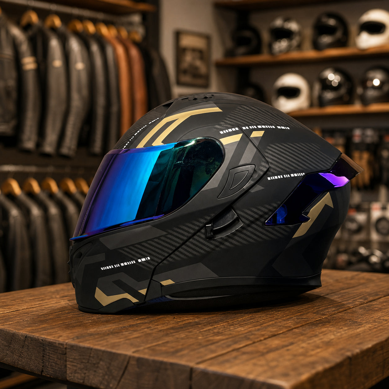 REBELRUST Vortex Carbon Full Face Helmet - Black Gold Blue Lens colorway