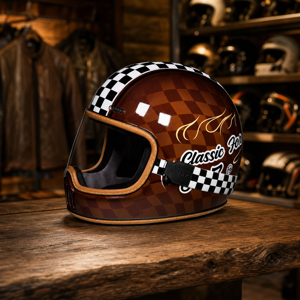 REBELRUST Retro Full-Face Helmet - Brown Caro with Transparent Goggles
