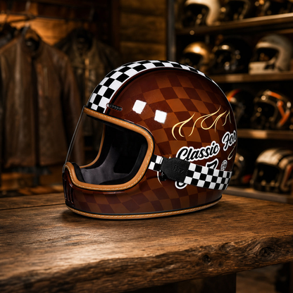 REBELRUST Retro Full-Face Helmet - Brown Caro with Transparent Goggles