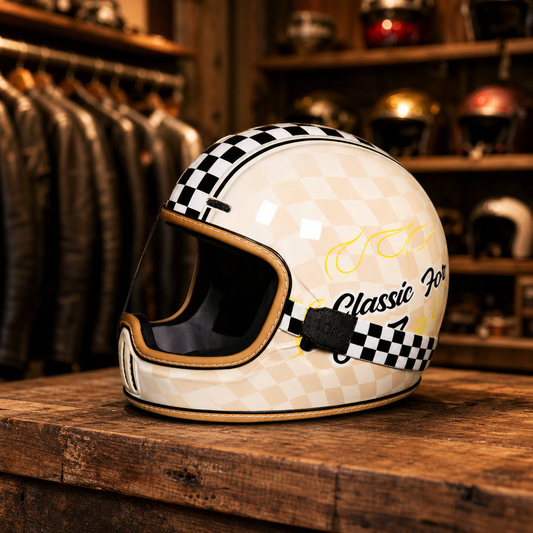 REBELRUST Retro Full-Face Helmet - Cream Caro with Transparent Goggles