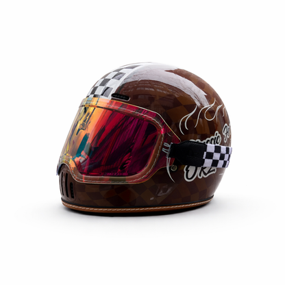 REBELRUST Retro Full-Face Helmet - Brown Caro with Orange Goggles
