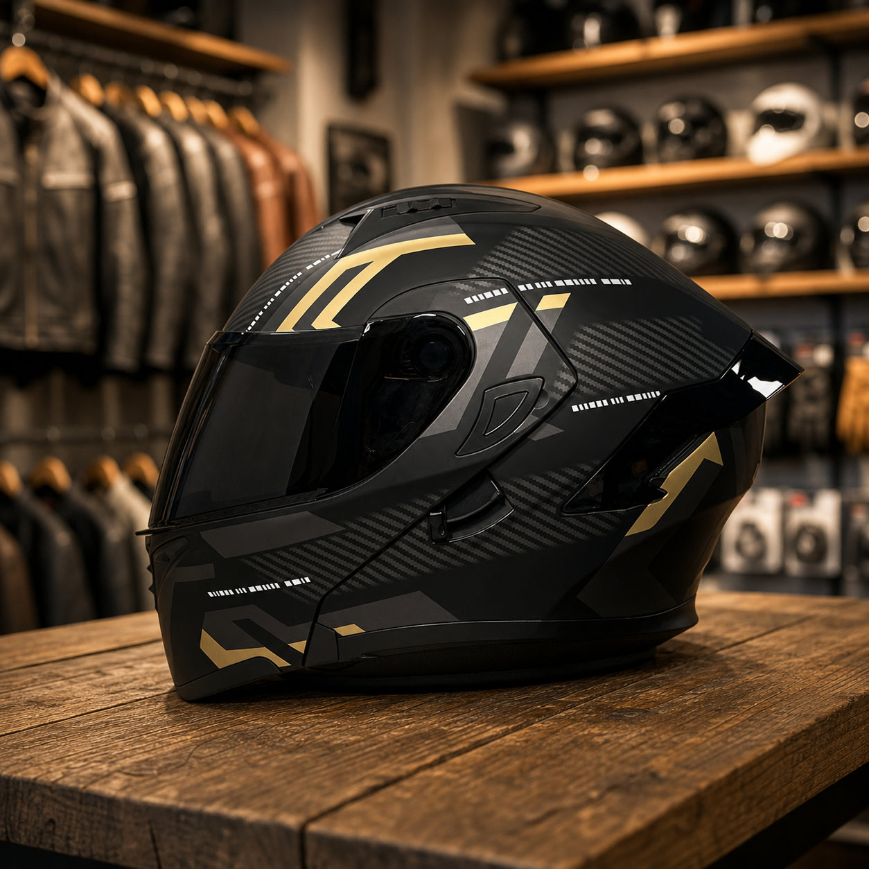REBELRUST Vortex Carbon Full Face Helmet - Black Gold Black Lens colorway