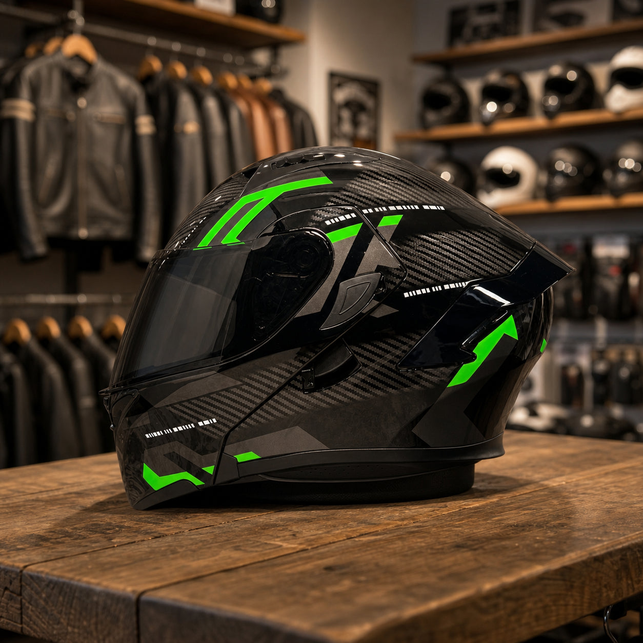 REBELRUST Vortex Carbon Full Face Helmet - Black Green Black Lens colorway
