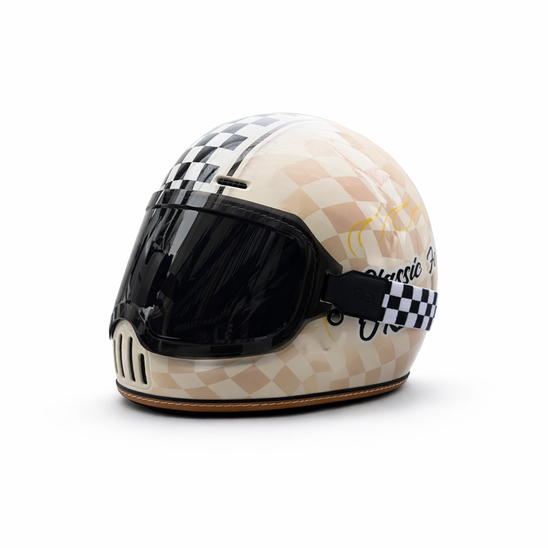 REBELRUST Retro Full-Face Helmet - Cream Caro with Black Goggles