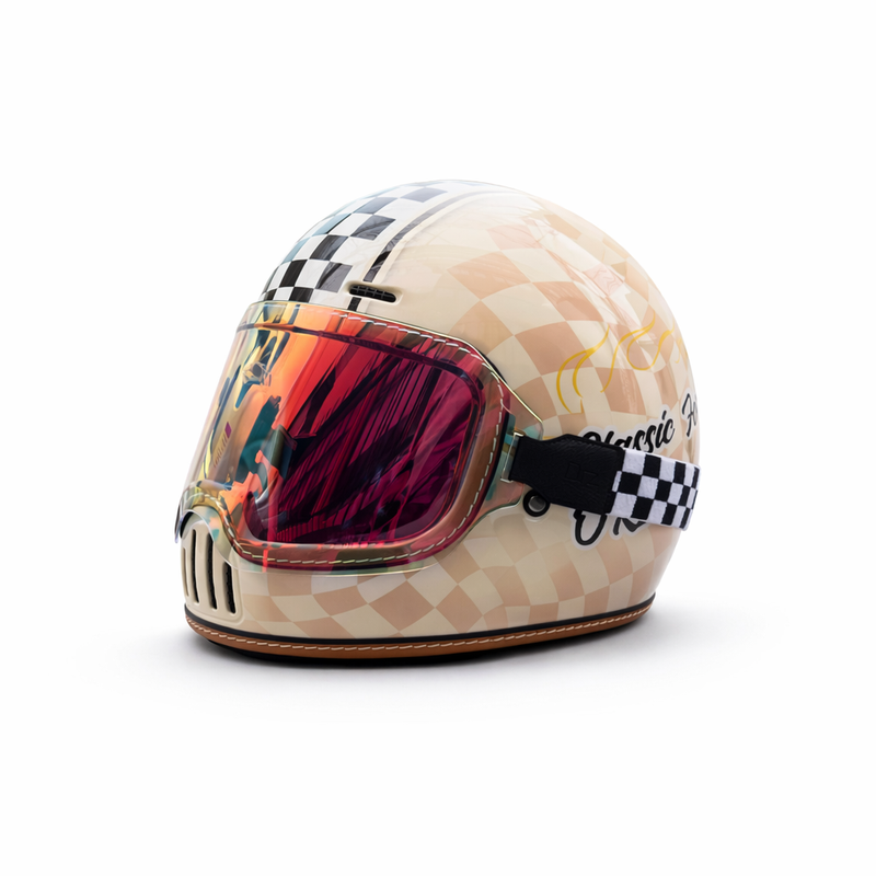 REBELRUST Retro Full-Face Helmet - Cream Caro with Orange Goggles