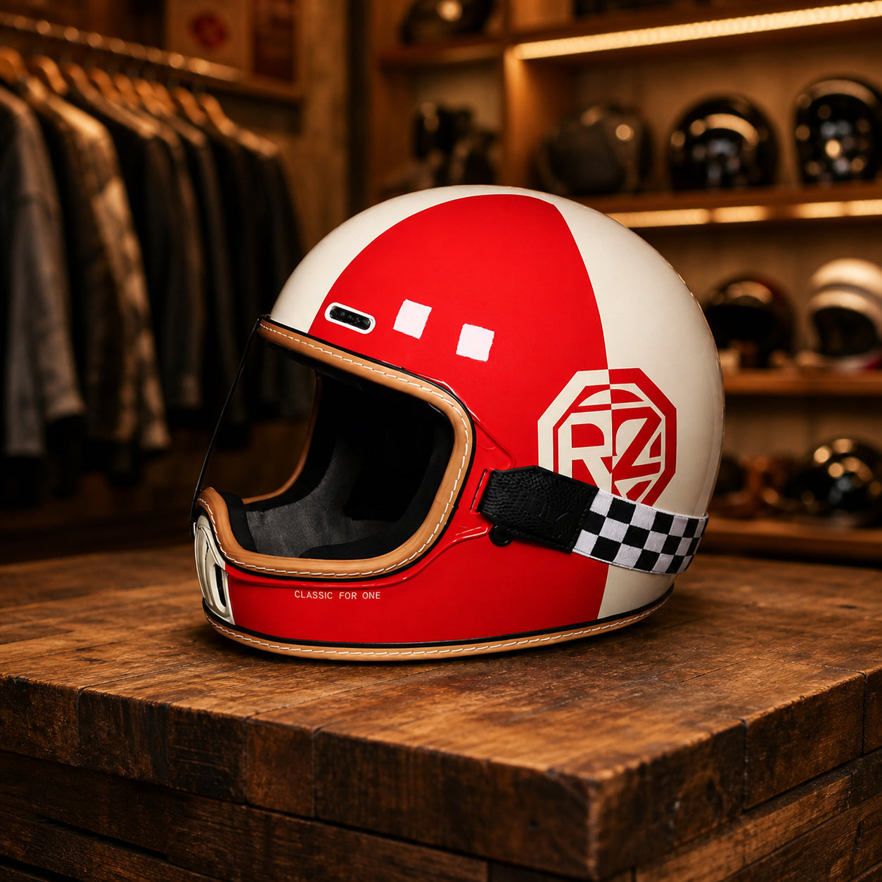 REBELRUST Retro Full-Face Helmet - Red Cream with Transparent Goggles