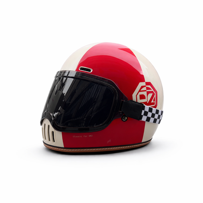 REBELRUST Retro Full-Face Helmet - Red Cream with Black Goggles