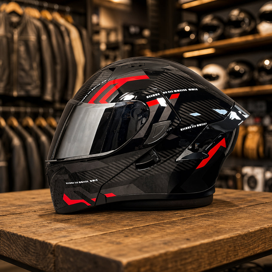 REBELRUST Vortex Carbon Full Face Helmet - Black Red Warrior Black Lens colorway