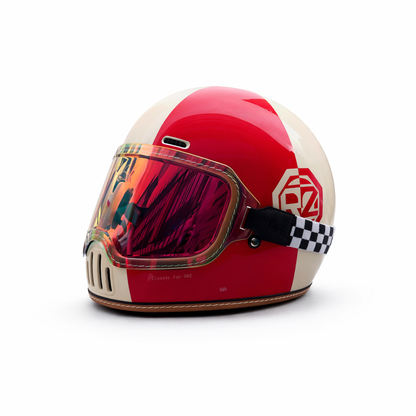 REBELRUST Retro Full-Face Helmet - Red Cream with Orange Goggles