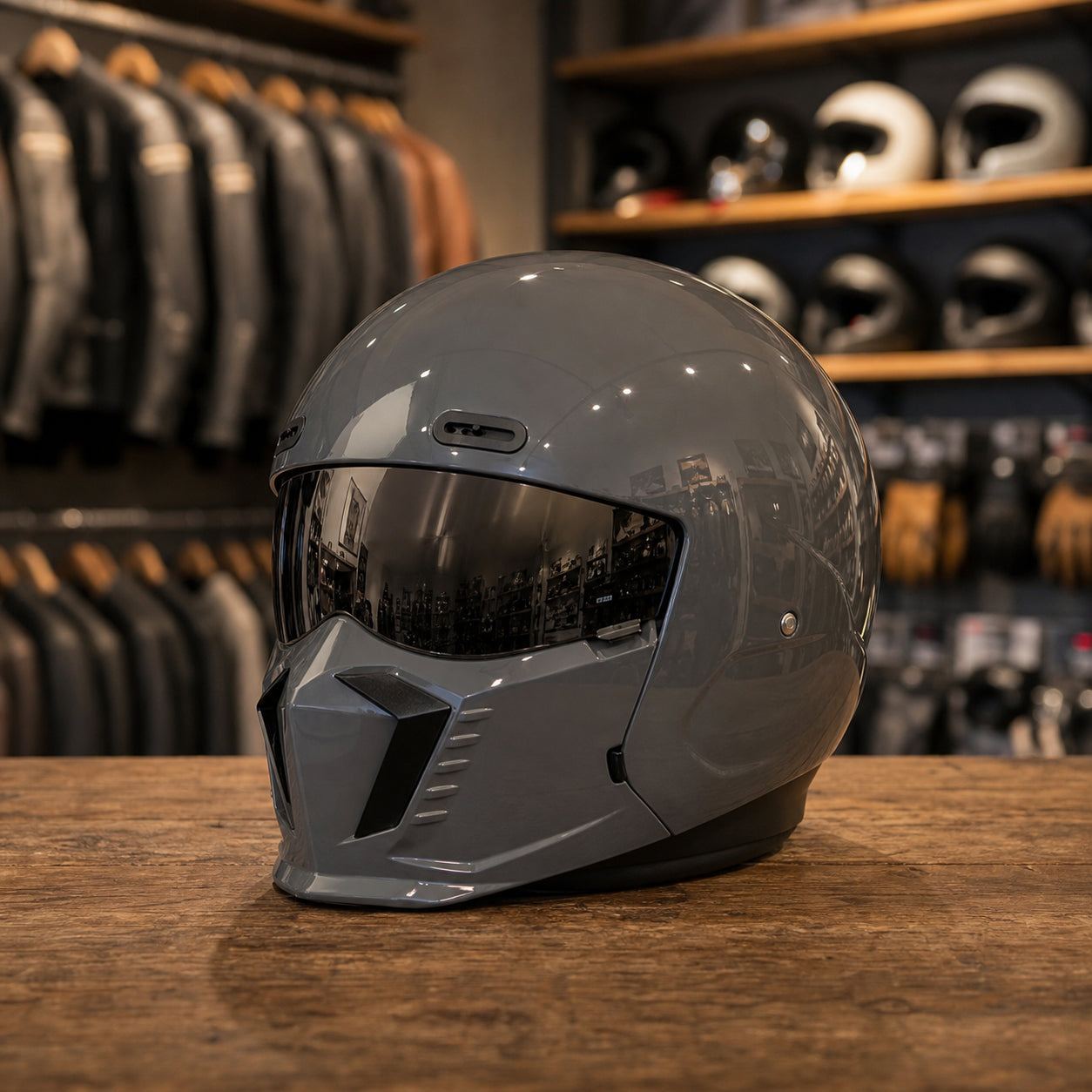 REBELRUST Shark Dark Street Fighter Full Face Helmet - Glossy Grey Silver Lens colorway