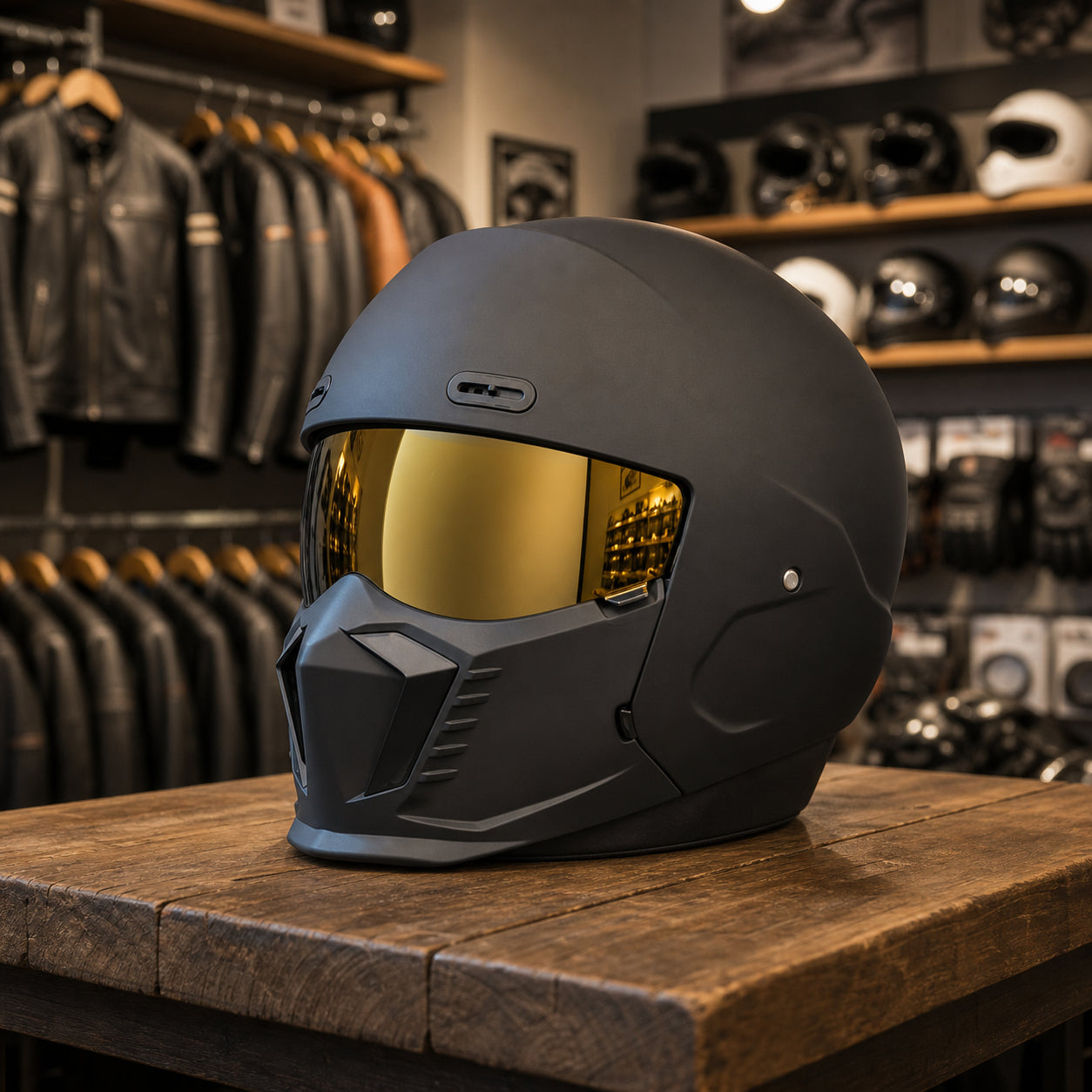 REBELRUST Shark Dark Street Fighter Full Face Helmet - Matte Black Gold Lens colorway