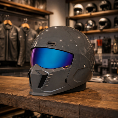 REBELRUST Shark Dark Street Fighter Full Face Helmet - Glossy Grey Blue Lens colorway