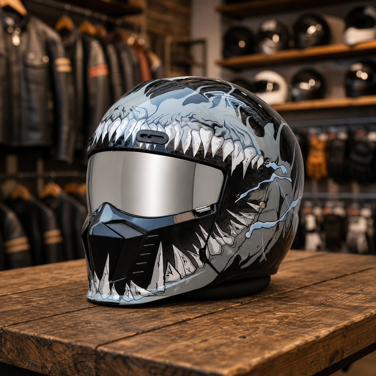 REBELRUST Shark Dark Street Fighter Full Face Helmet - Gray Pattern Silver Lens colorway