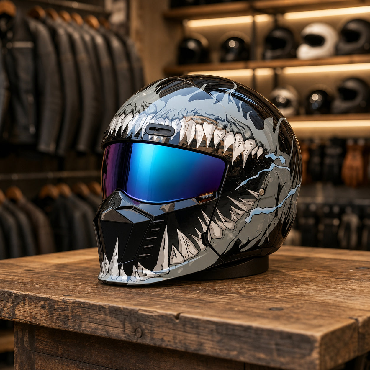 REBELRUST Shark Dark Street Fighter Full Face Helmet - Gray Pattern Blue Lens colorway