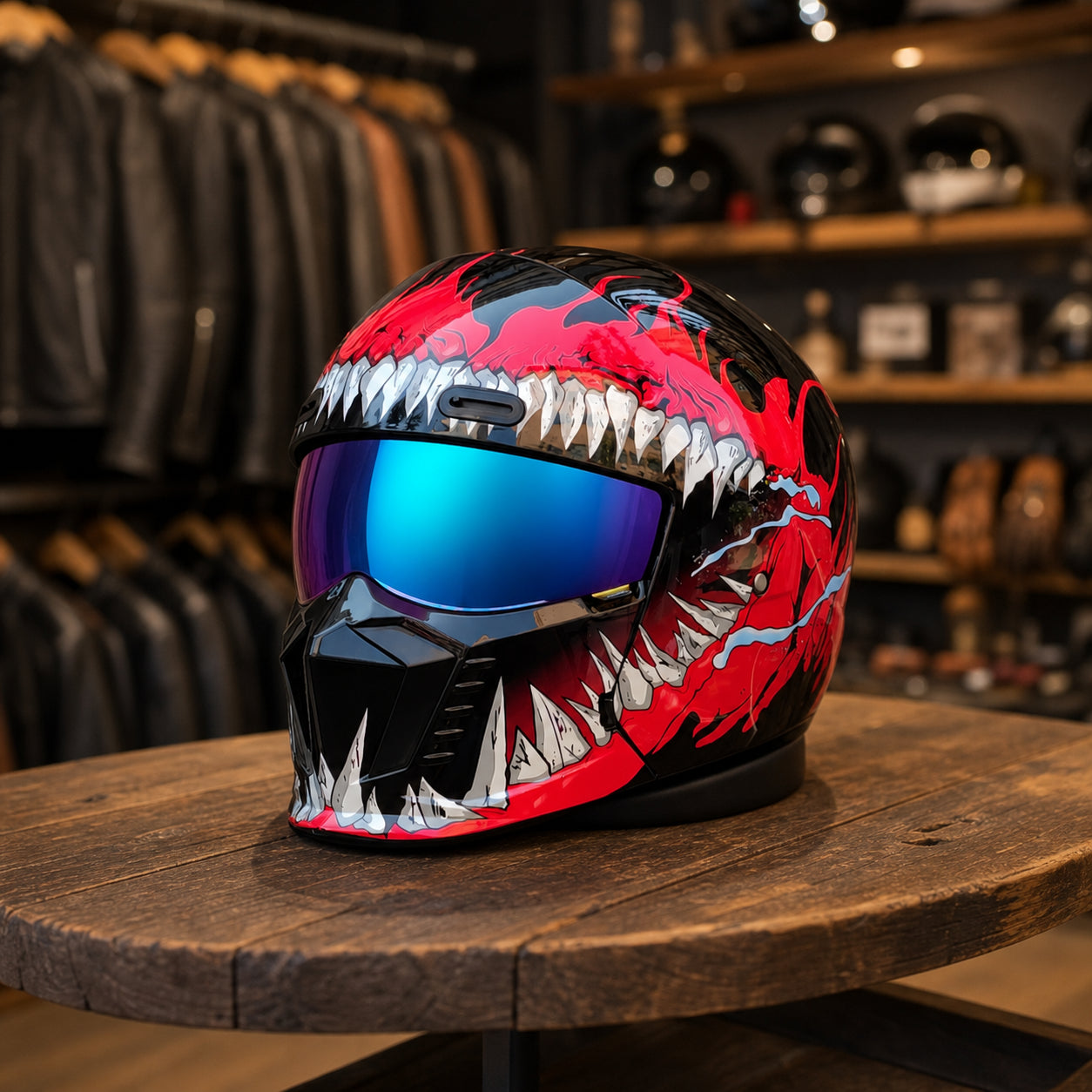 REBELRUST Shark Dark Street Fighter Full Face Helmet - Red Pattern Blue Lens colorway