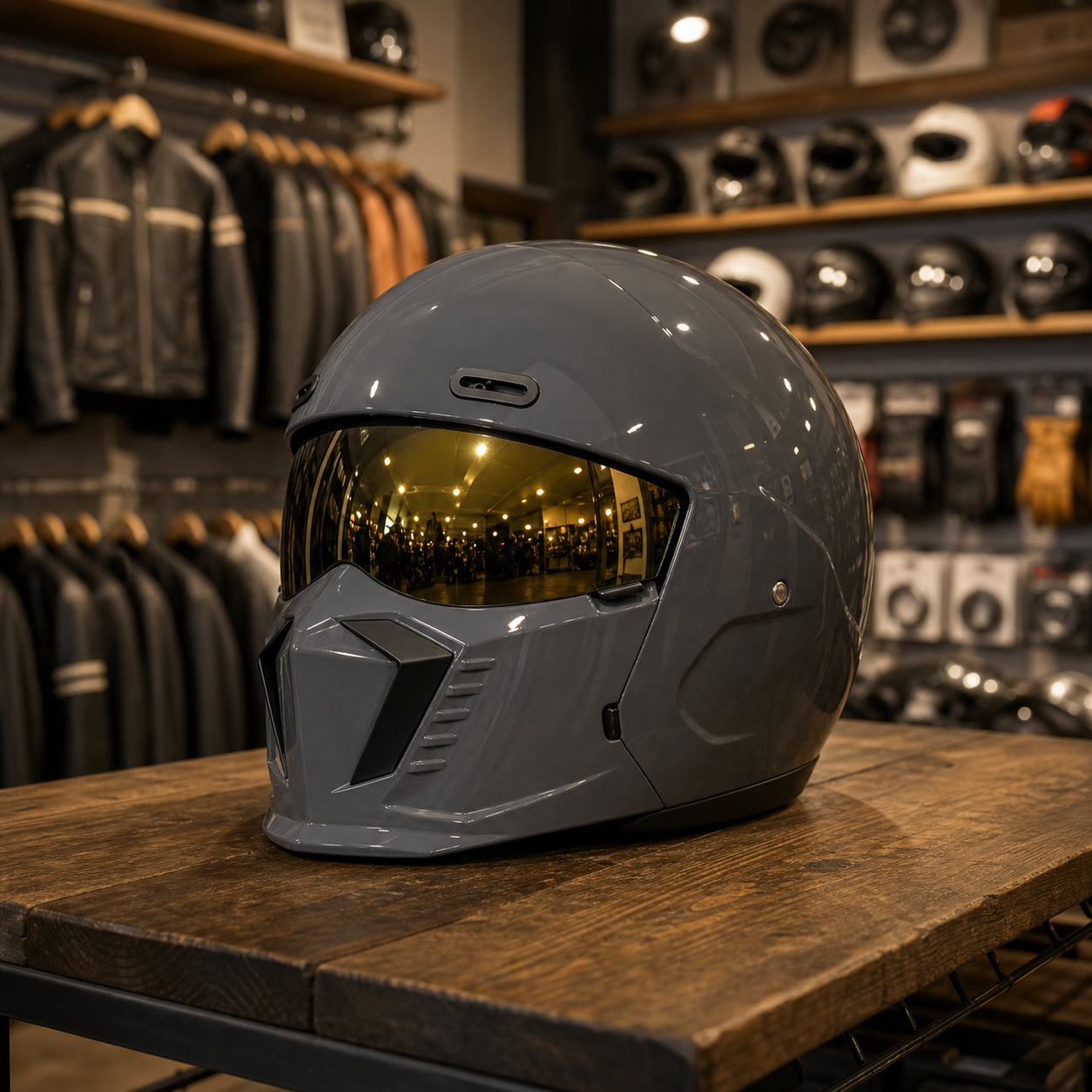 REBELRUST Shark Dark Street Fighter Full Face Helmet - Glossy Grey Gold Lens colorway