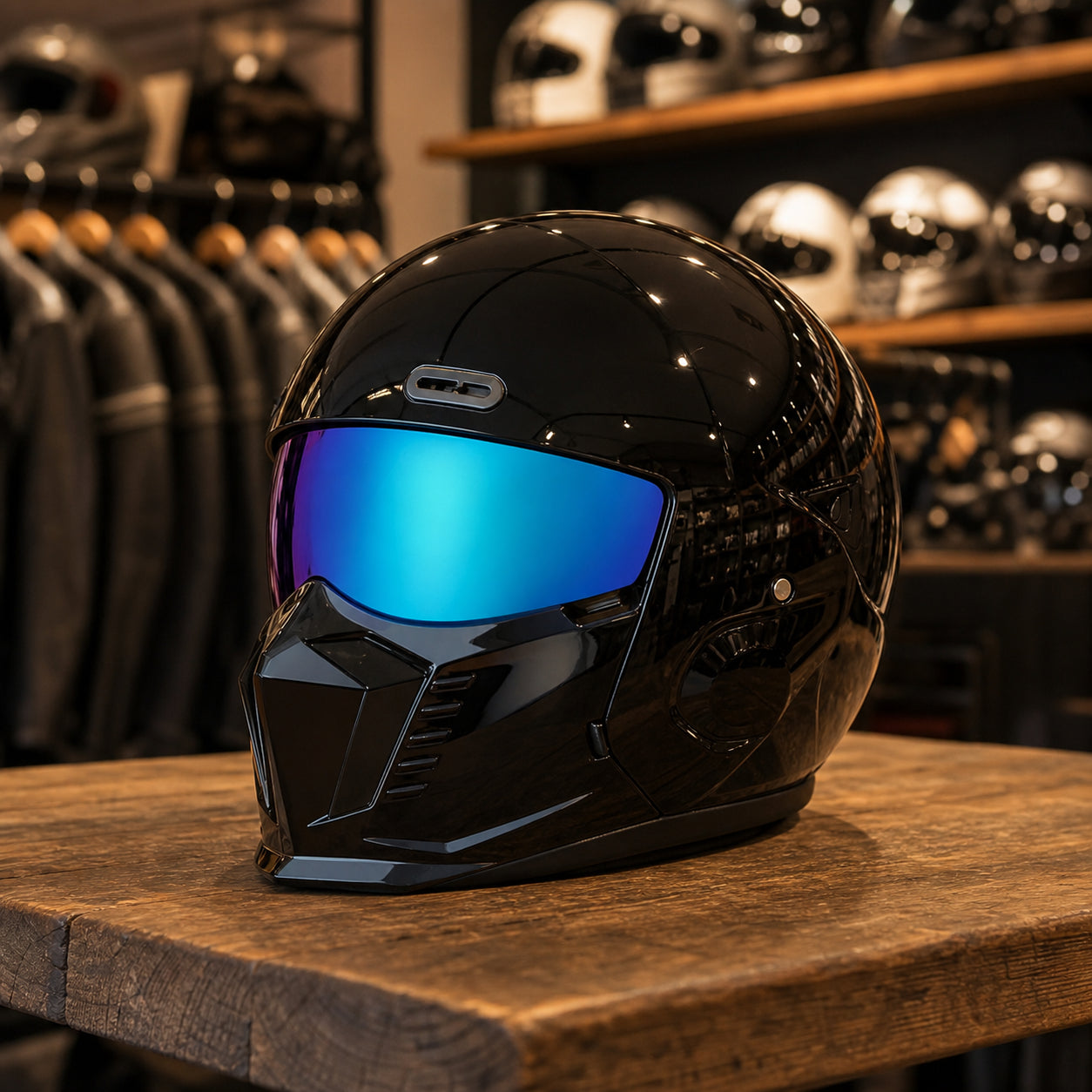 REBELRUST Shark Dark Street Fighter Full Face Helmet - Glossy Black Blue Lens colorway