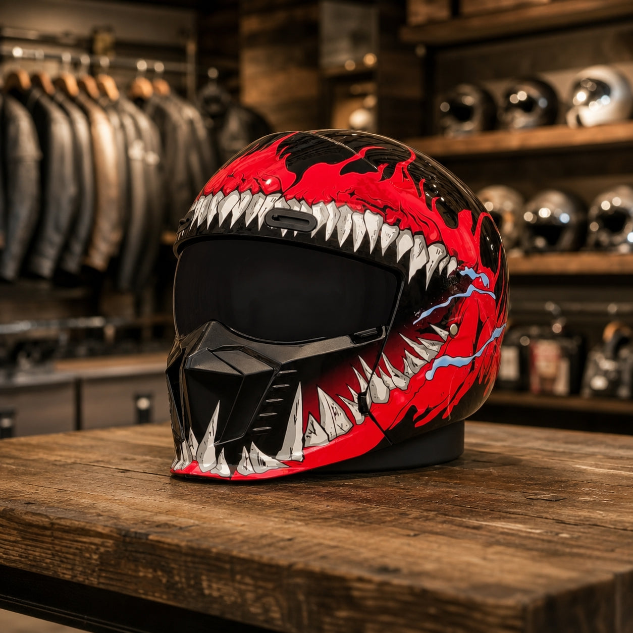 REBELRUST Shark Dark Street Fighter Full Face Helmet - Red Pattern Black Lens colorway